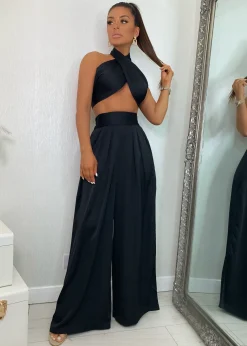 Turn Up The Heat Satin Two Piece - Black|DressMeZee Fashion