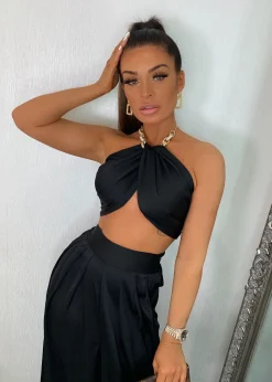 Turn Up The Heat Satin Two Piece - Black|DressMeZee Fashion