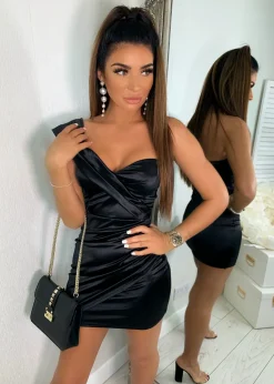 Ultimate Sass One Shoulder Satin Dress - Black|DressMeZee Clearance