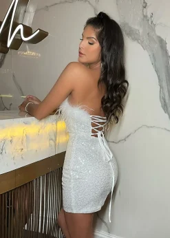 Wasting Angels Feather Trim Glitter Mini Dress - White|DressMeZee New